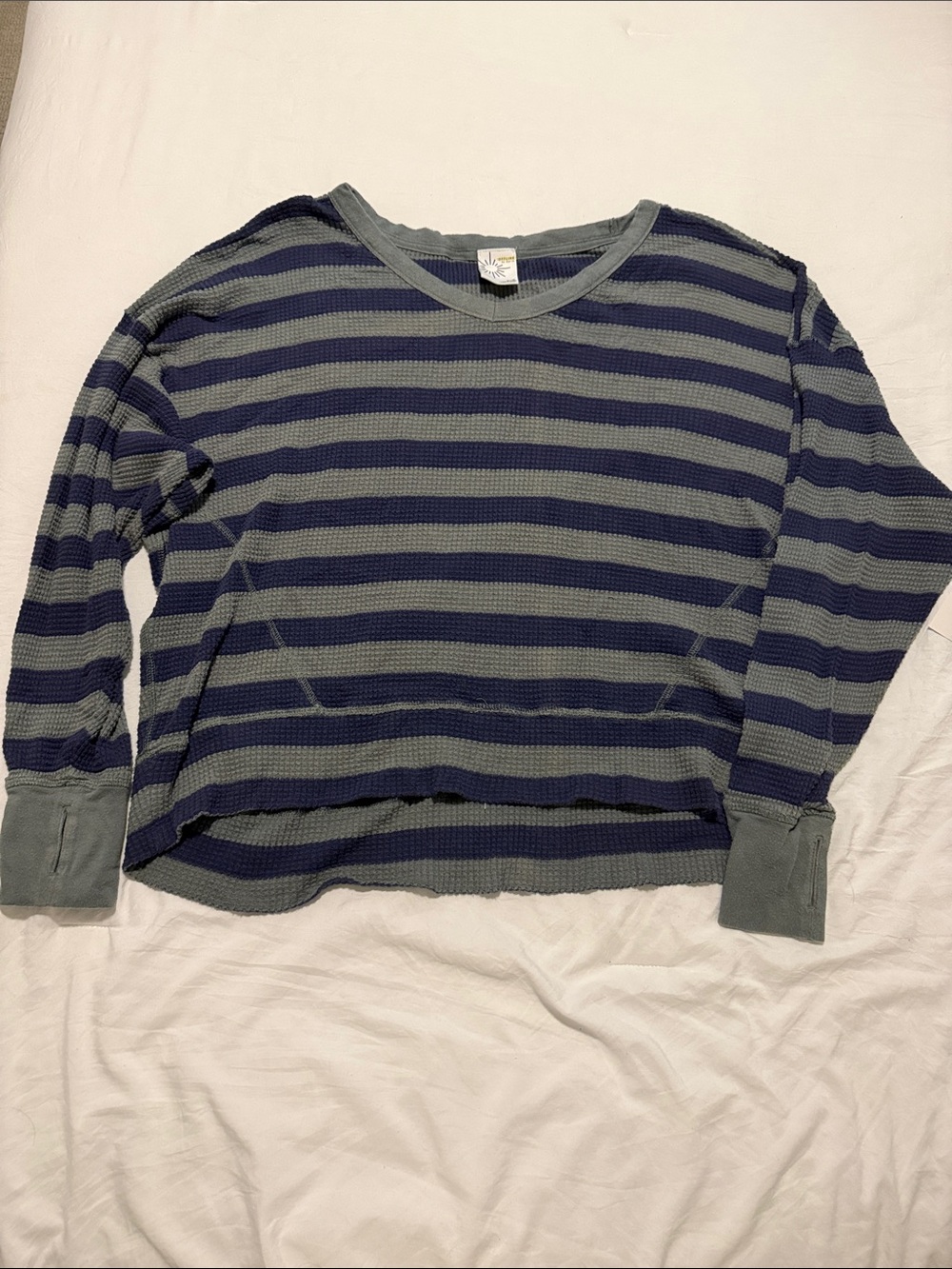 Striped Crewneck Waffle Knit Long Sleeve in Navy and Green